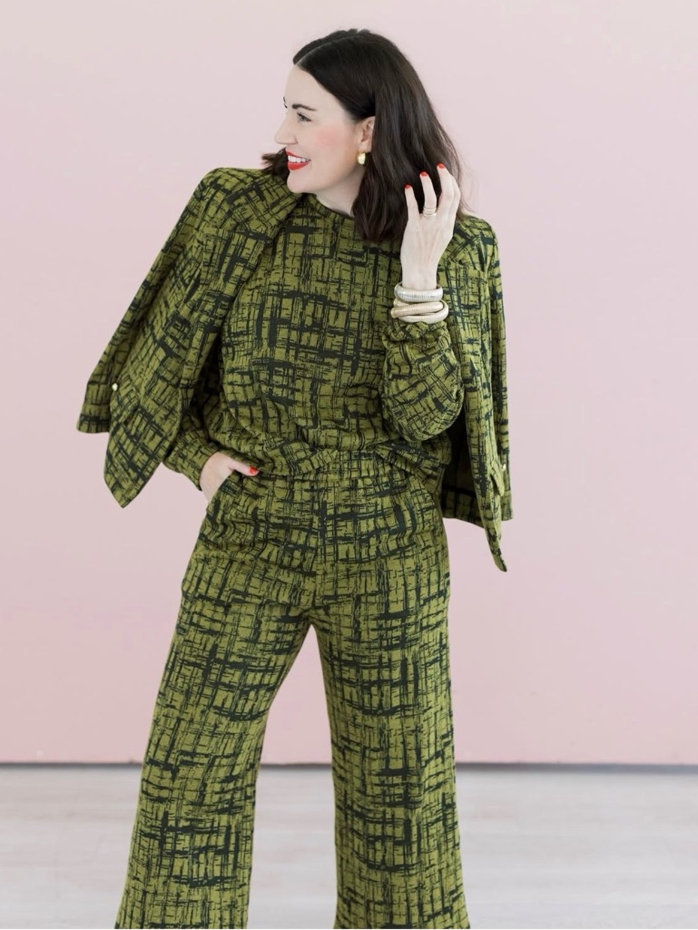Olive Green Patterned Wide-Leg Pants
